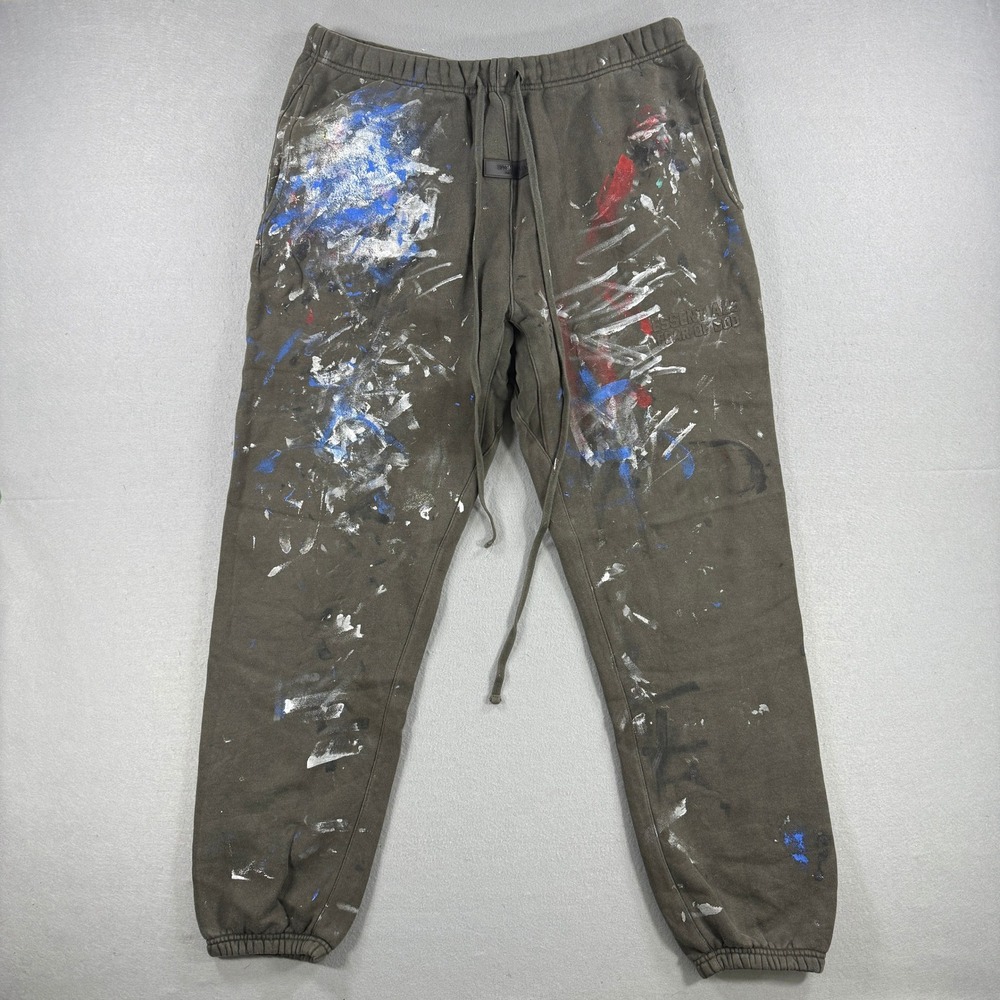 Fear of God Essentials Sweatpants Mens Large Brown Paint Splatter Fleece Jogger